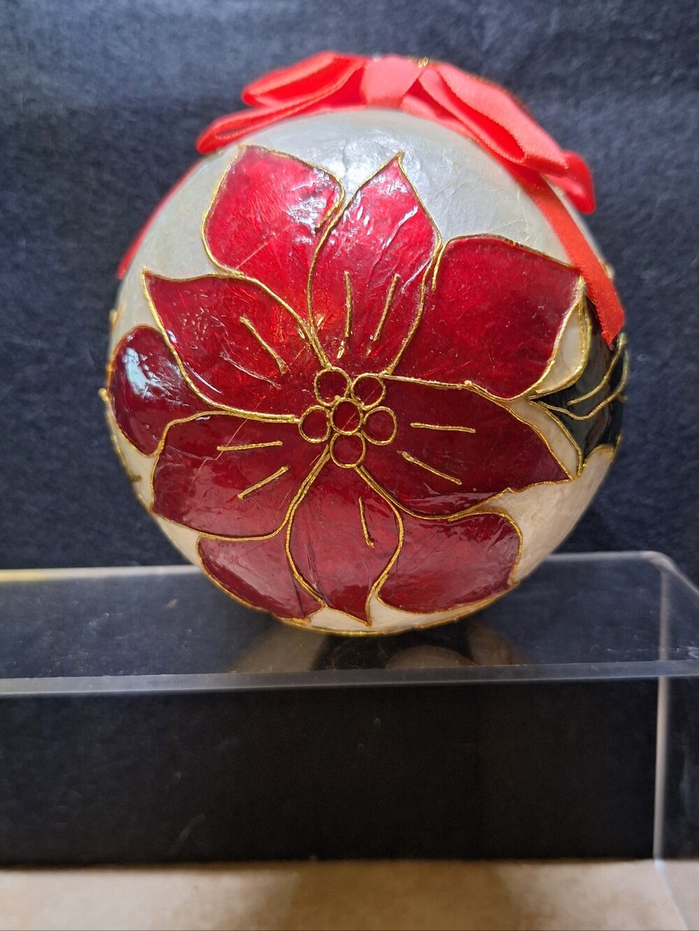 VTG Christmas Capiz Shell Hanging Poinsettia Ornament 15” Red Green Gold Holiday